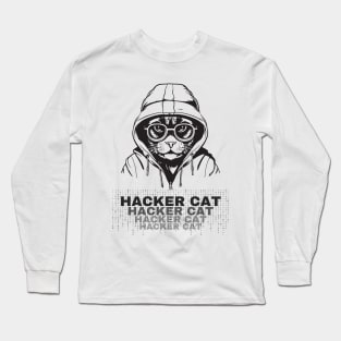 Hacker Cat. Hacker cat with hoodie and glasses, grayscale design Long Sleeve T-Shirt